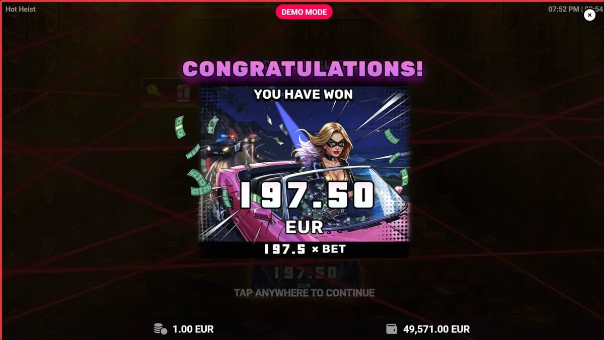 Interface neon do slot Hot Heist com elementos de assalto