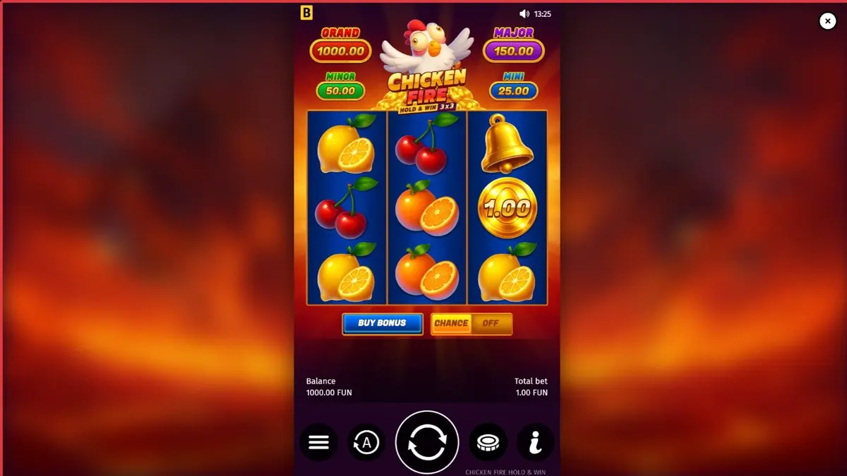 Interface vibrante do slot Chicken Fire com símbolos de frutas e galinhas animadas