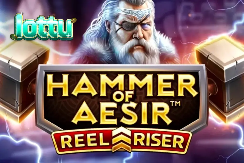 Interface do jogo Hammer of Aesir com símbolos nórdicos e mecânica de Reel Riser