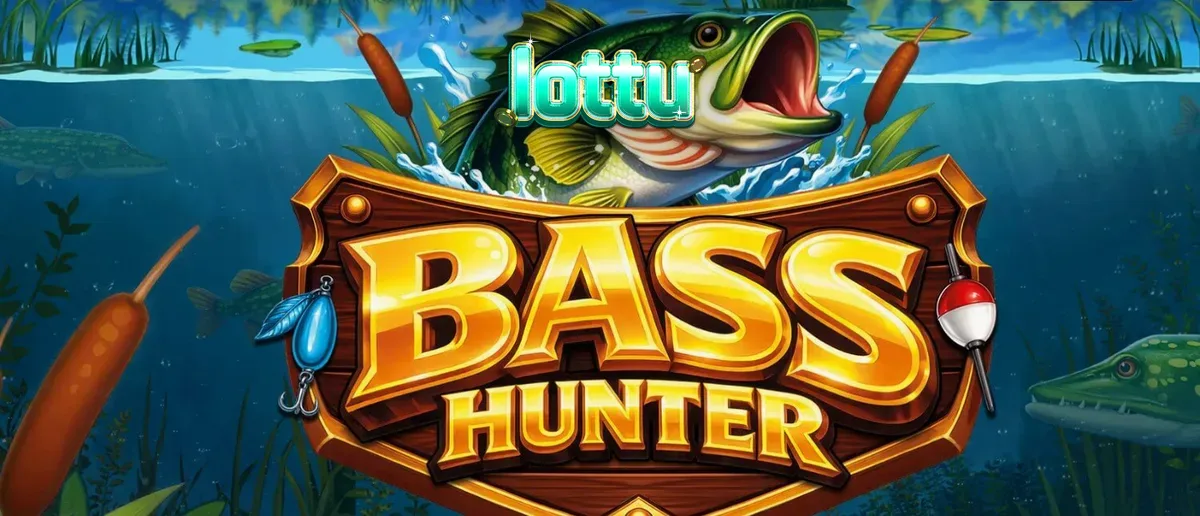 Cenário subaquático sereno do slot Bass Hunter com símbolos de peixes e equipamentos de pesca.