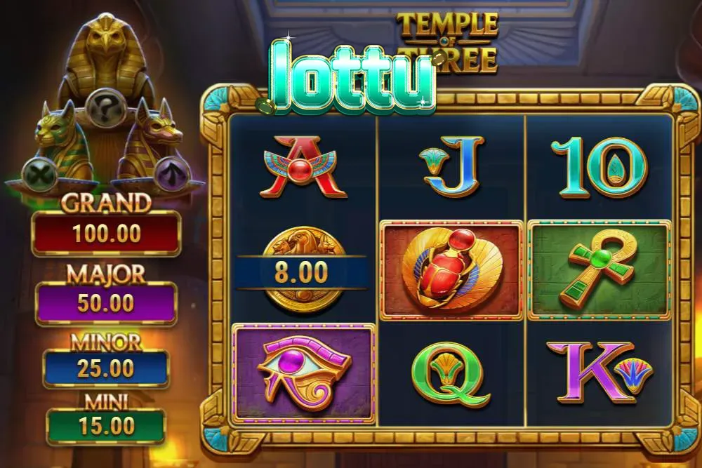 Interface de jogo do slot Temple of Three com ícones egípcios e design de tumba